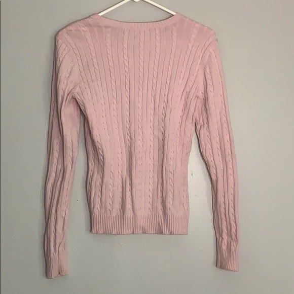 IZOD Cable Knit Long Sleeve V Neck Pink Sweater Medium women’s top - Picture 3 of 8